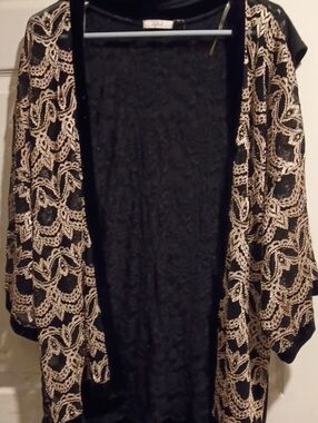 Black and Gold Lace-Trim Open-Front Cardigan Sweater